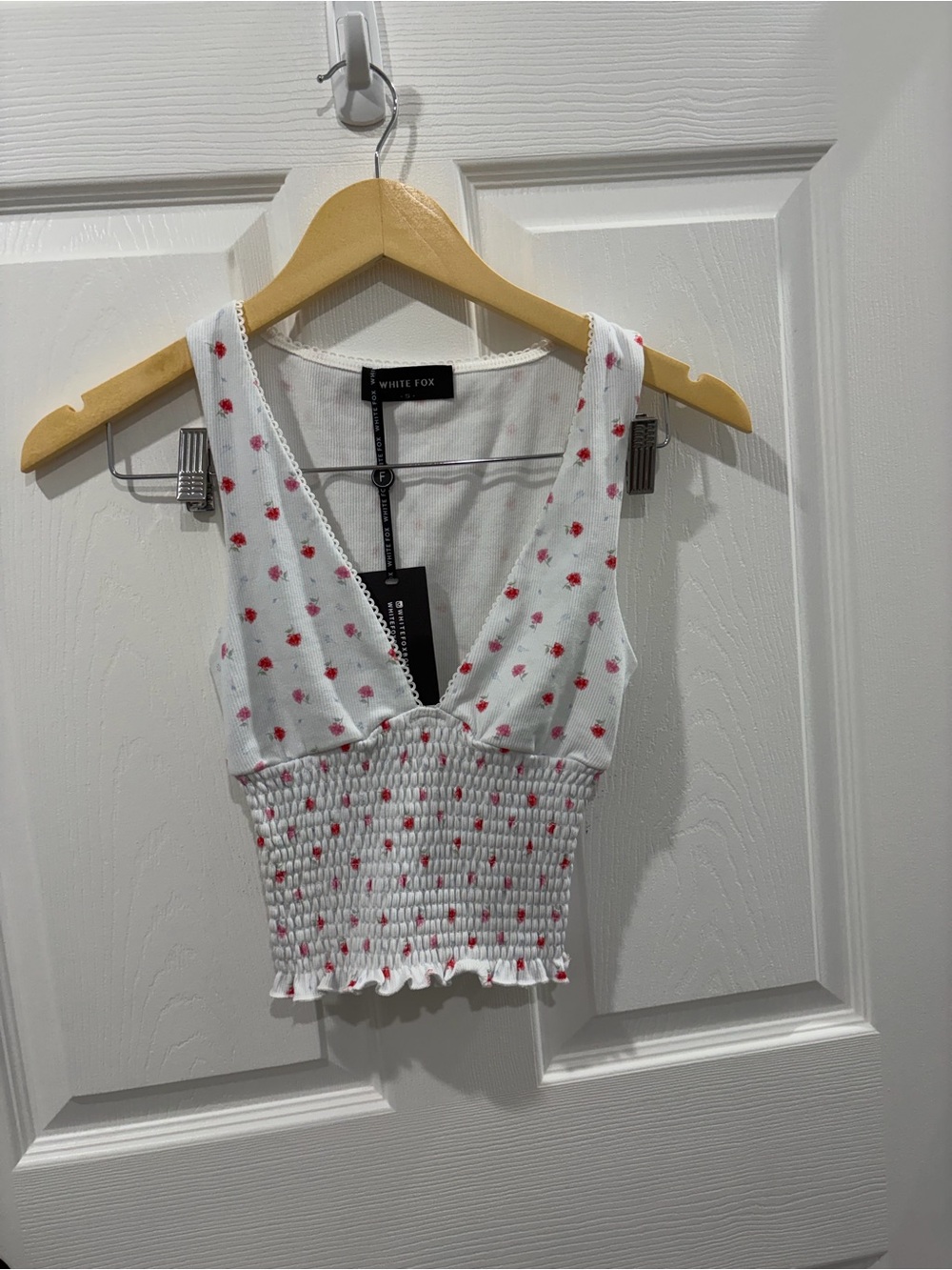 White Fox Boutique White Smocked V-Neck Crop Top with Pink Floral Dots